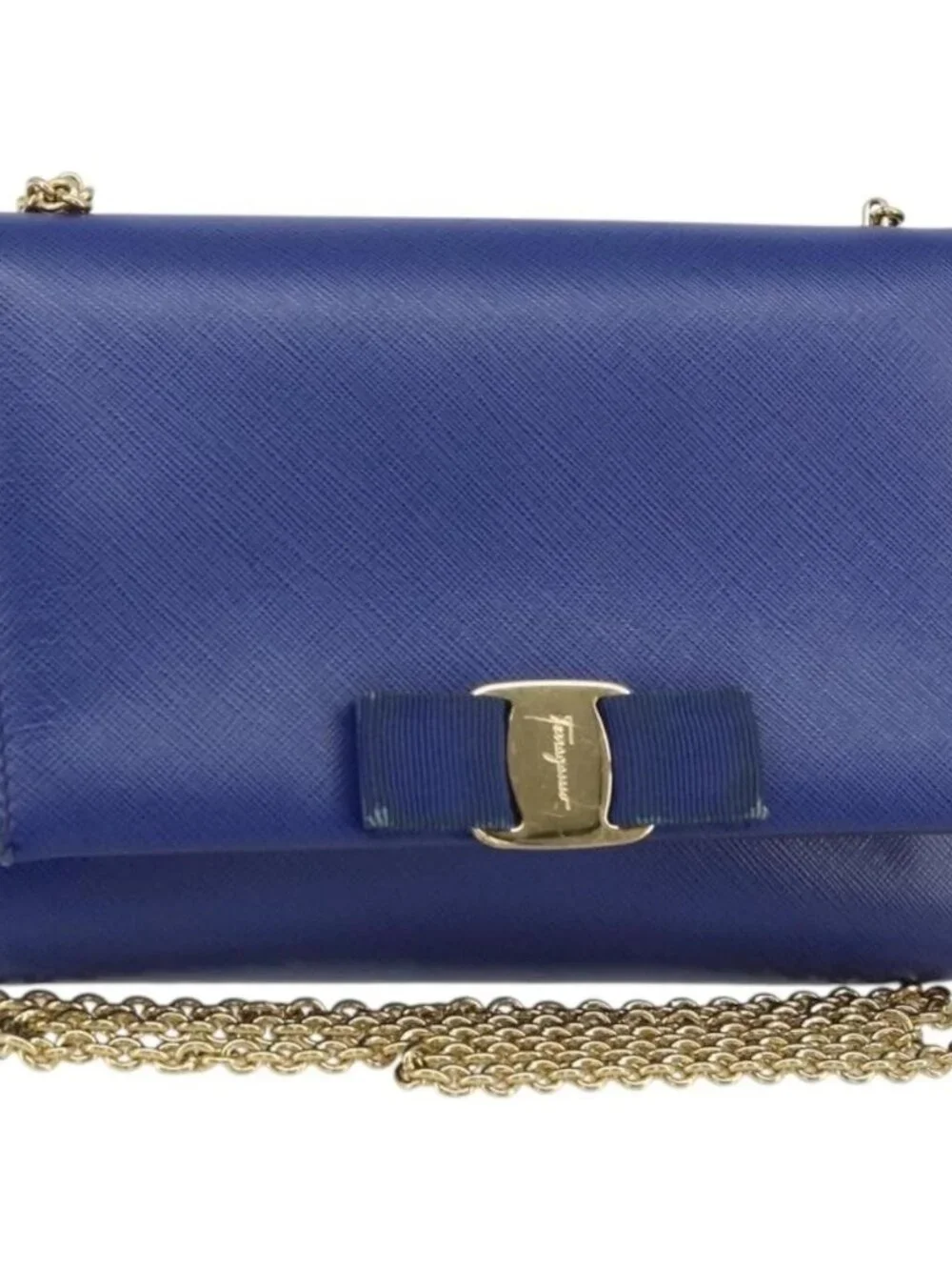 Salvatore Ferragamo Vala Chain Shoulder Bag Leather Blue Gold Auth 161081